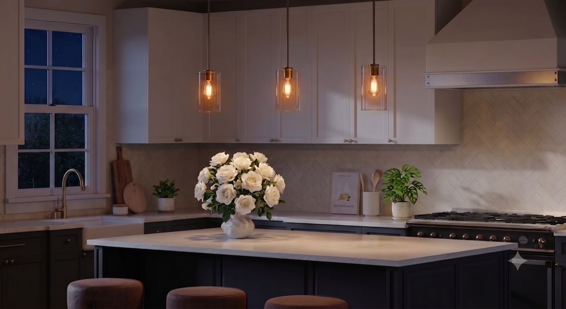 Kitchen with warm glass pendants