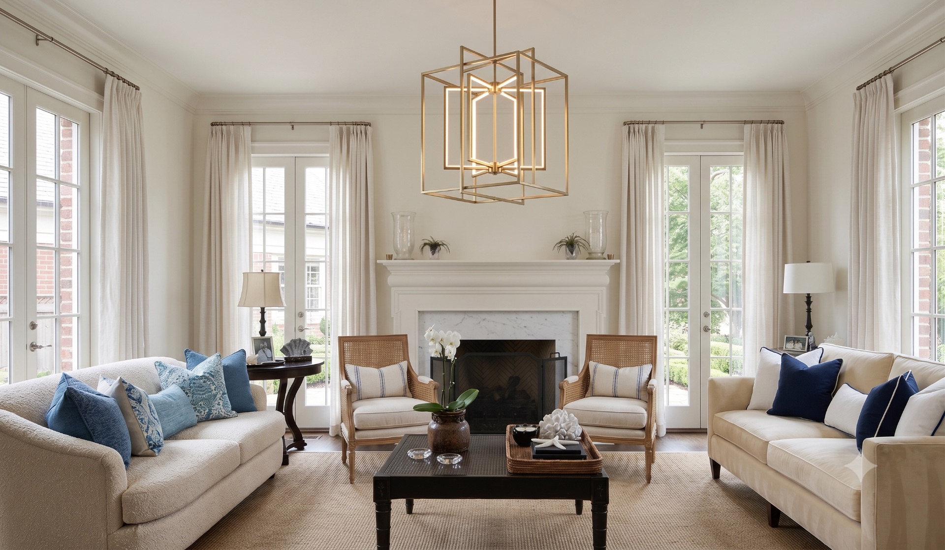 Living room with brass chandelier